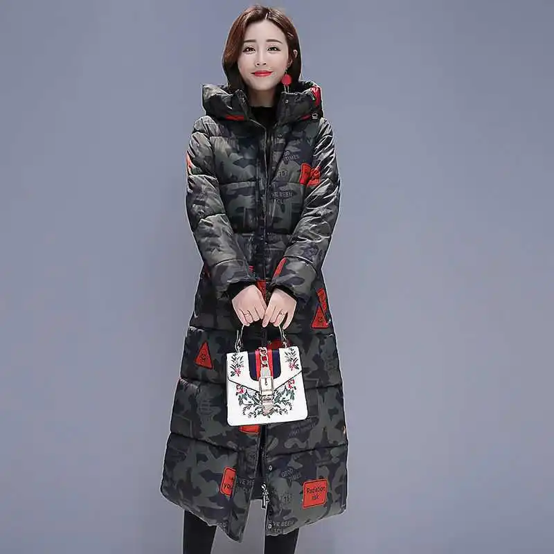 New Fashion Cool Camouflage Print Long Jacket for Women Bubble Coat Winter Thick Warm Outerwear Puffer Overcoat