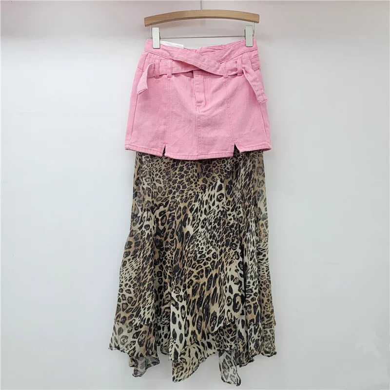 WTHT Trendy Women's Patchwork Leopard Mesh Denim Skirts 2024 Winter Fashion Cross Belt Design Long Skirt Female 1LS478