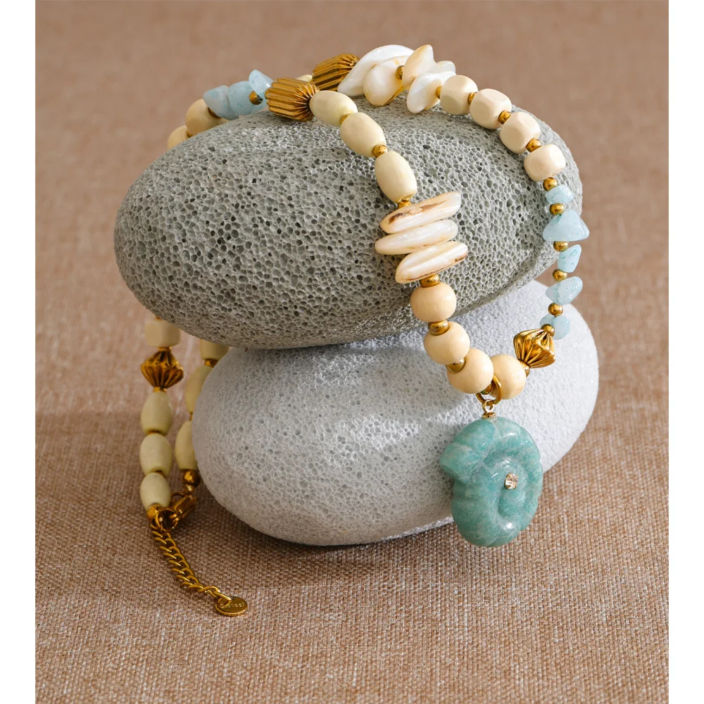 Yhpup Stainless Steel Handmade Jewelry Trendy Beads Natural Shell Wood Chain Conch Drop Spring Summer Necklace Tarnish Resistant