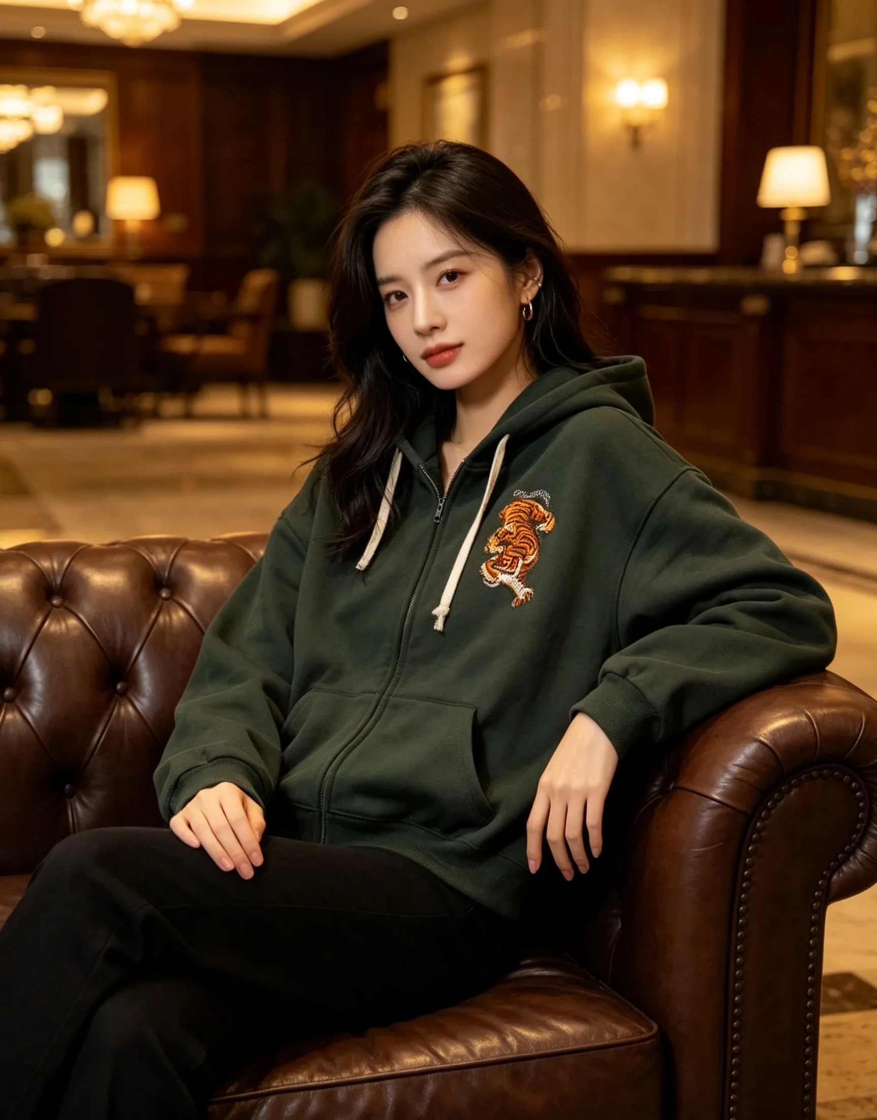 Vintage Tiger-Stickerei Zip-Up Hoodie Dunkelgrün Übergroße Lässige Kapuzenjacke Unisex Streetwear Oberbekleidung – Detail 6