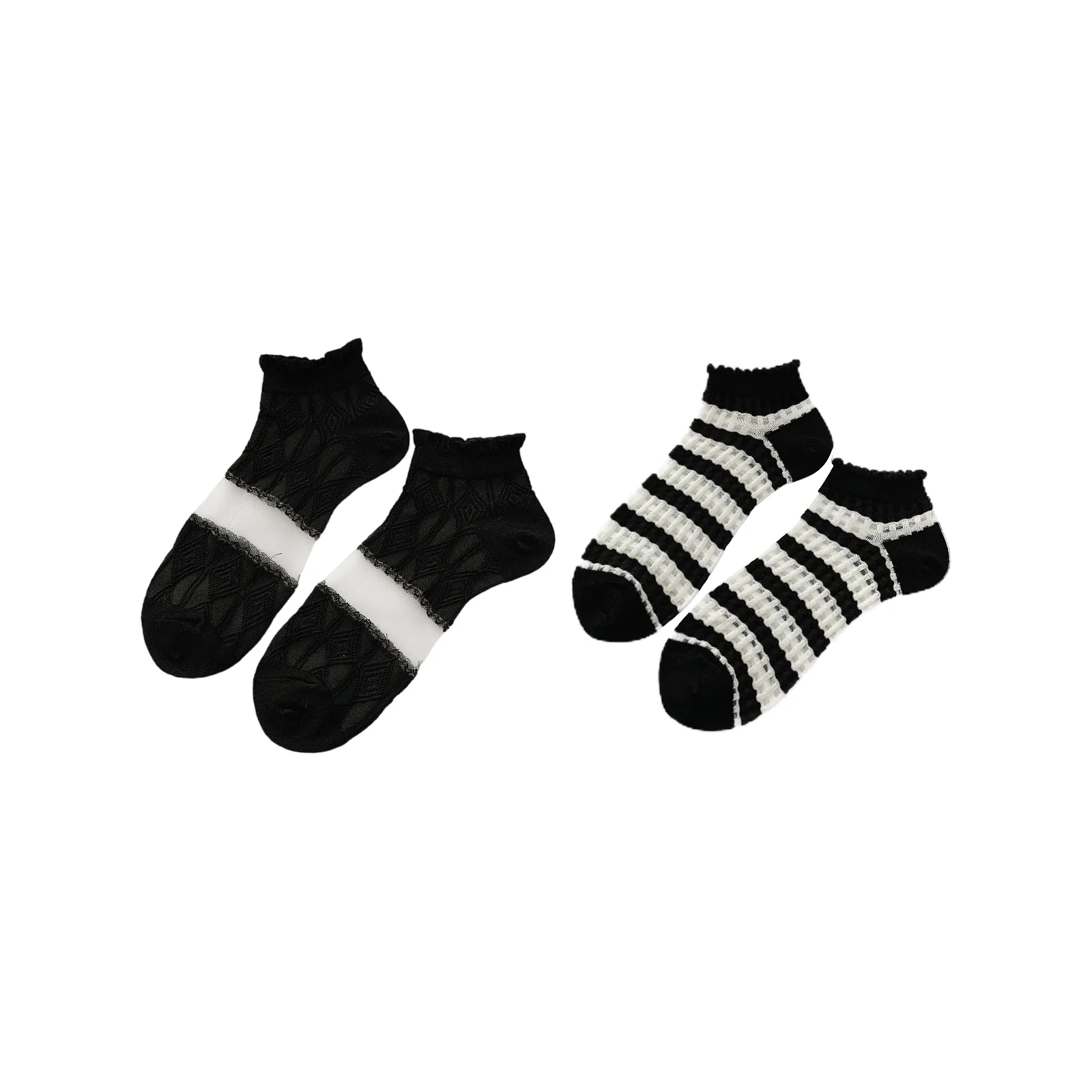 Lolita socks for women, thin and breathable lace combination: rhombus + black and white stripes (1 pair/style)