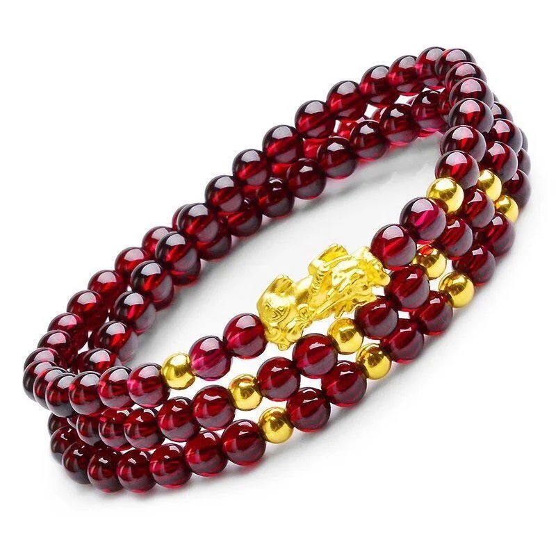 Garnet Multi-Loop Bracelet for Women, Simple Design with Gold-Plated Pixiu Lucky Beads, Elegant and Perfect for Everyday Wear
