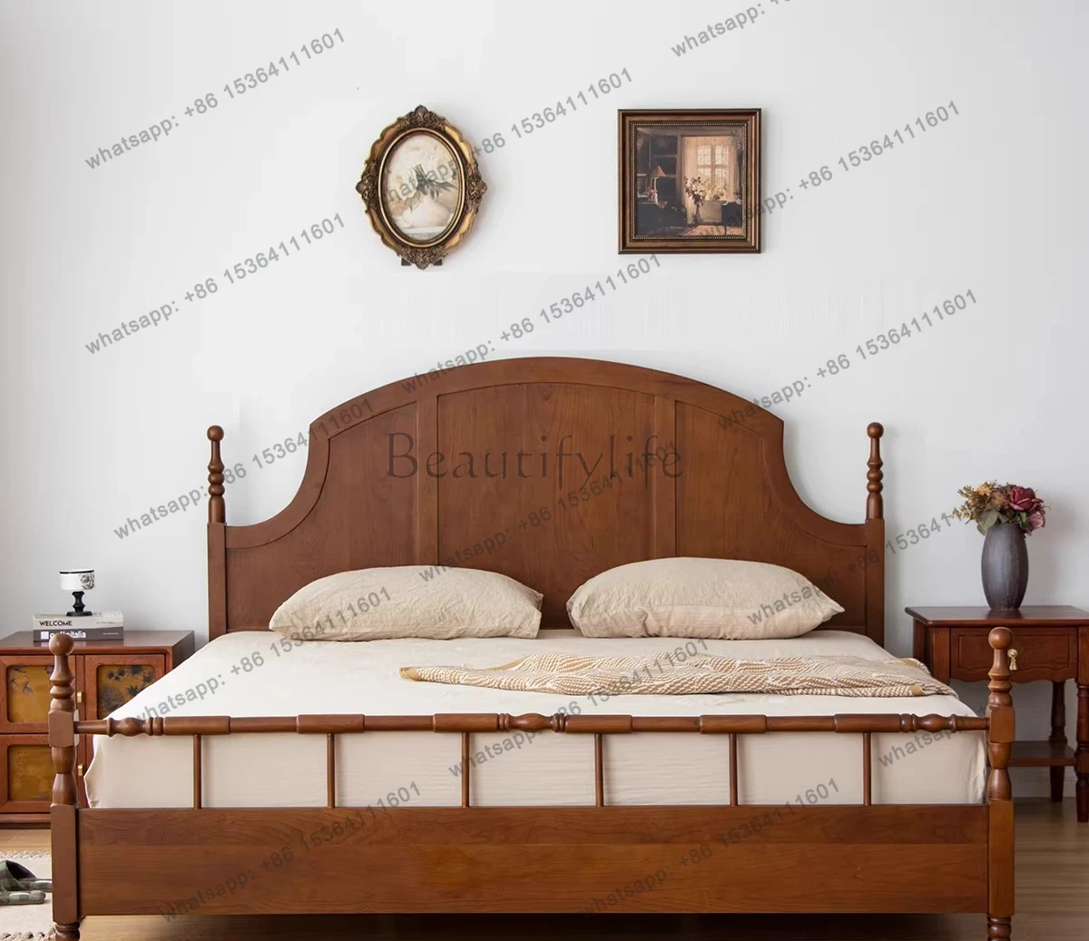 Light French retro double bed 1.5/1 meters medieval cherry wood solid wood bed small apartment