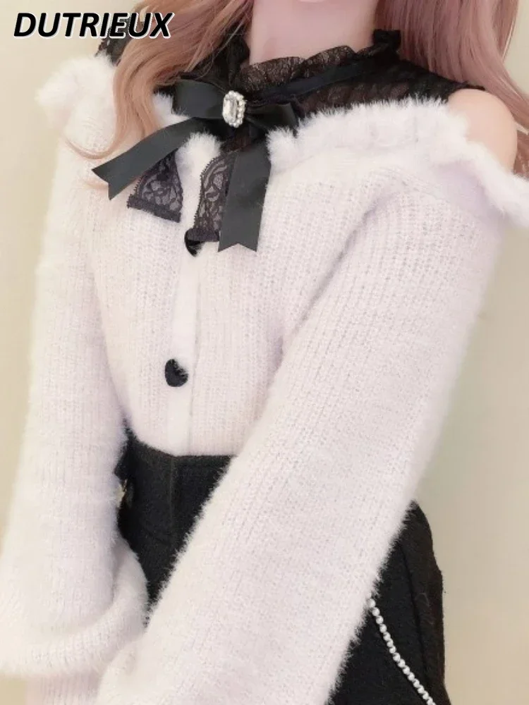 Sweet Lolita Winter Clothes Women Off Shoulder Sweater Pullover Student Elegant Long Sleeve Knitwear Bow Lace Waist Slim Sweater