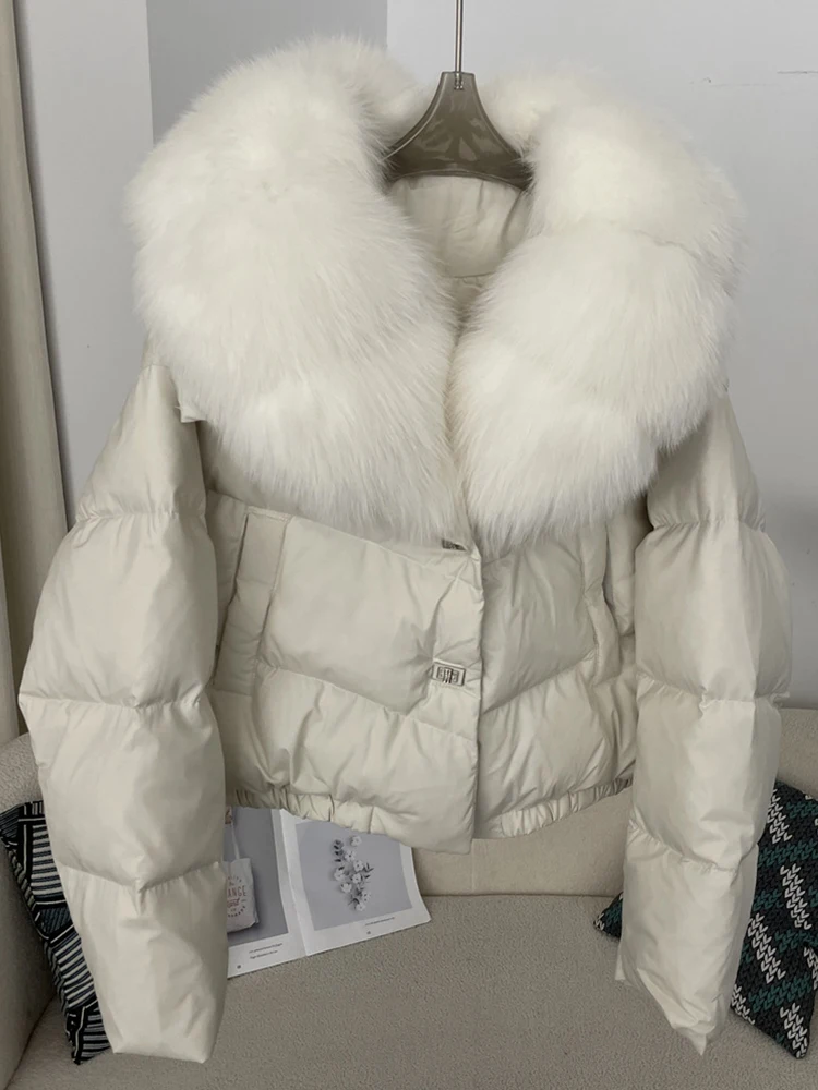 Mumaroho 2024 Autumn Winter Women White Duck Down Jacket Parkas Fox Fur Coat Feather Short Puffer Coat