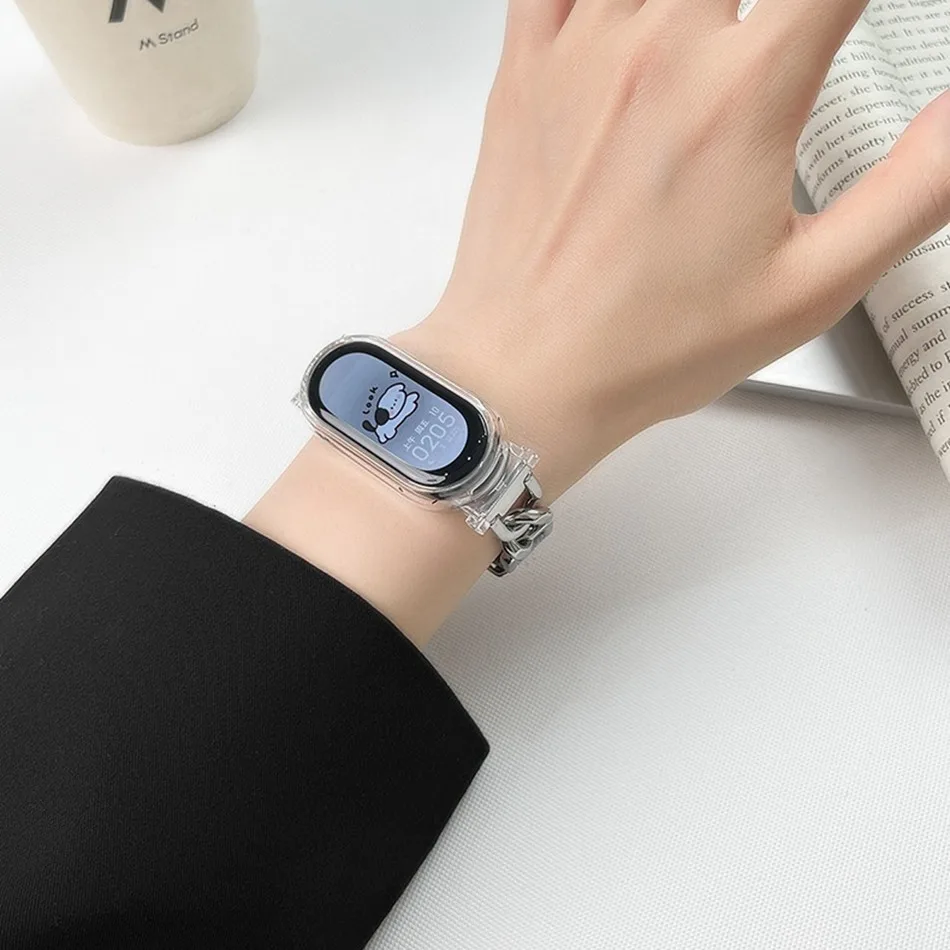 Strap For Xiaomi Mi Band 8 7 Fashion Denim Leather Metal Chain Bracelet Watch Band For Miband 7 8 Wristband with Protect Case