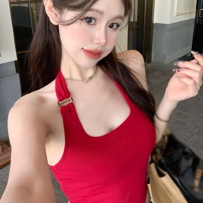 

Comfortable Open Back Slim Fit Tank Top Cropped Suspender Short Sleeveless with Chest Pads Sexy Bodycon Clothing Y2k Clothing