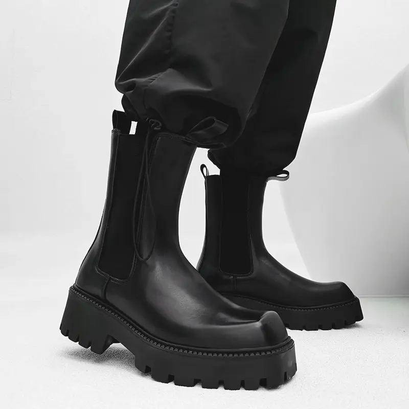men fashion stage nightclub high chelsea boots designer square toe shoes cowboy natural leather boot cool long platform botas