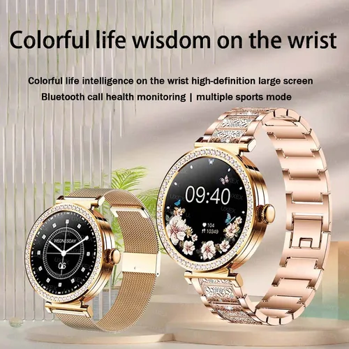 Imagen 2 del producto Reloj inteligente dorado de lujo a la moda para mujer, regalo de San Valentín, rastreador de salud, modos deportivos, pulsera de diamantes, relojes de llamada Bluetooth para mujer