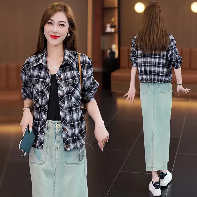 American Retro Plaid Shirt Coat Women's Spring and Autumn Loose Outer Long-Sleeves Thin Cardigan Top