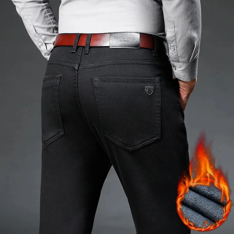 

New Winter Thicken Fleece Black Jeans Men's Business Casual Straight Stretch Warm Velvet Denim Trousers Plus Size Male Clothing