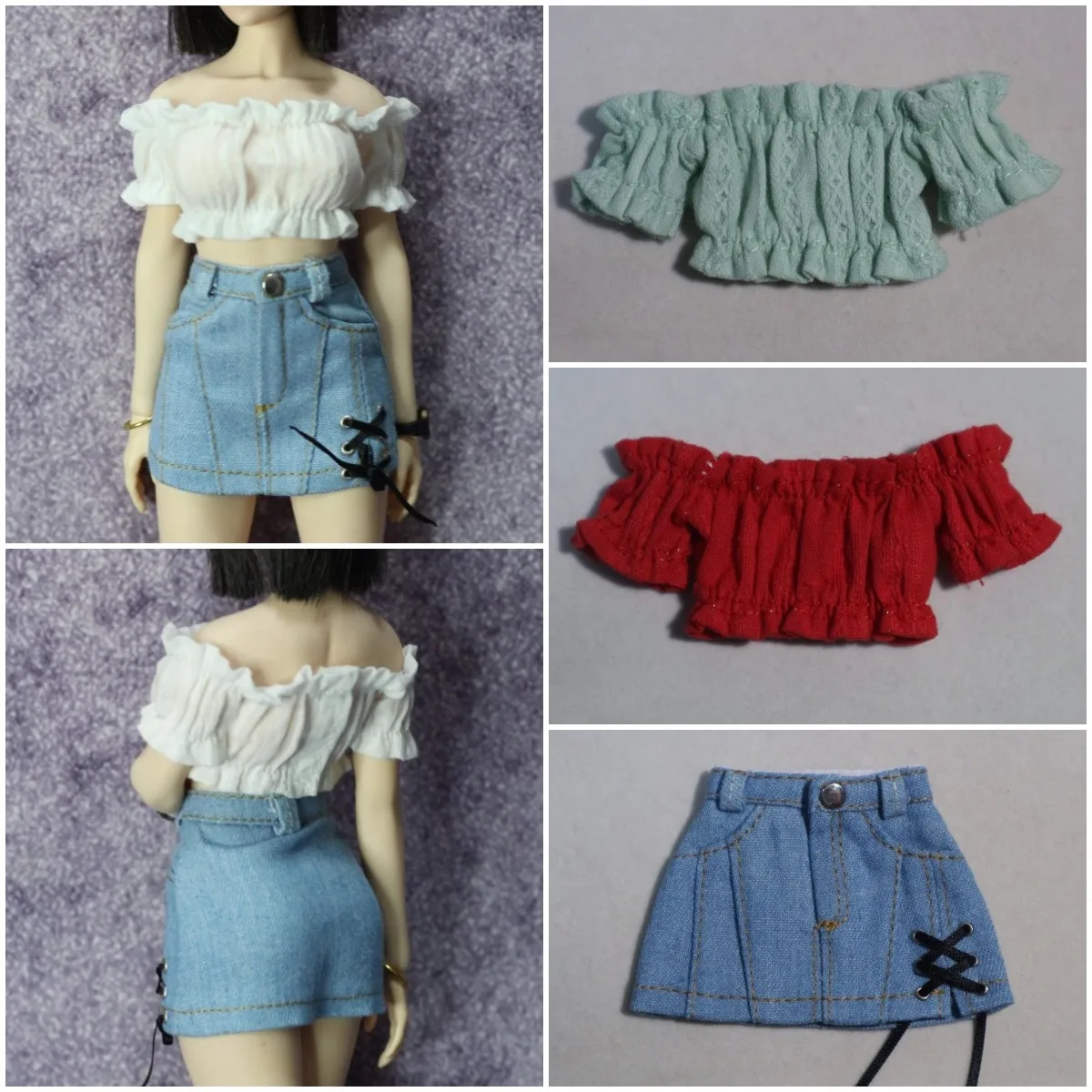 

1/6 Soldier Clothes Model Female One-shoulder Puffed Sleeve Denim Skirt Suit 12inch Action Figure Body Doll
