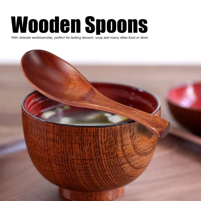 2pcs Household Kitchen Wooden Soup Short Handle Spoon Tableware Cutlery