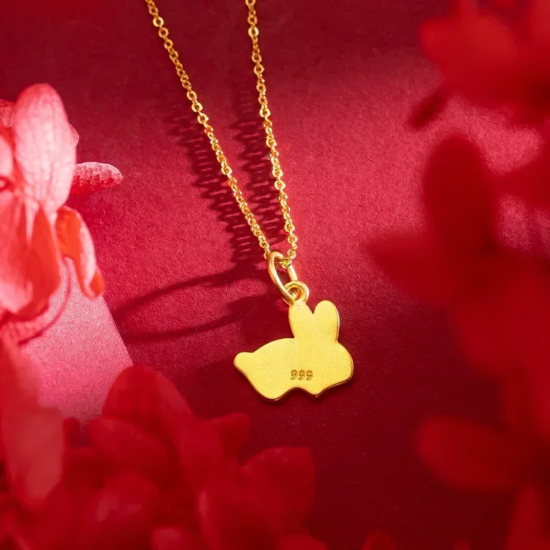 

9999 Real Gold 24K New Natal Year Zodiac Rabbit Letter Love Pendant Bunny Necklace