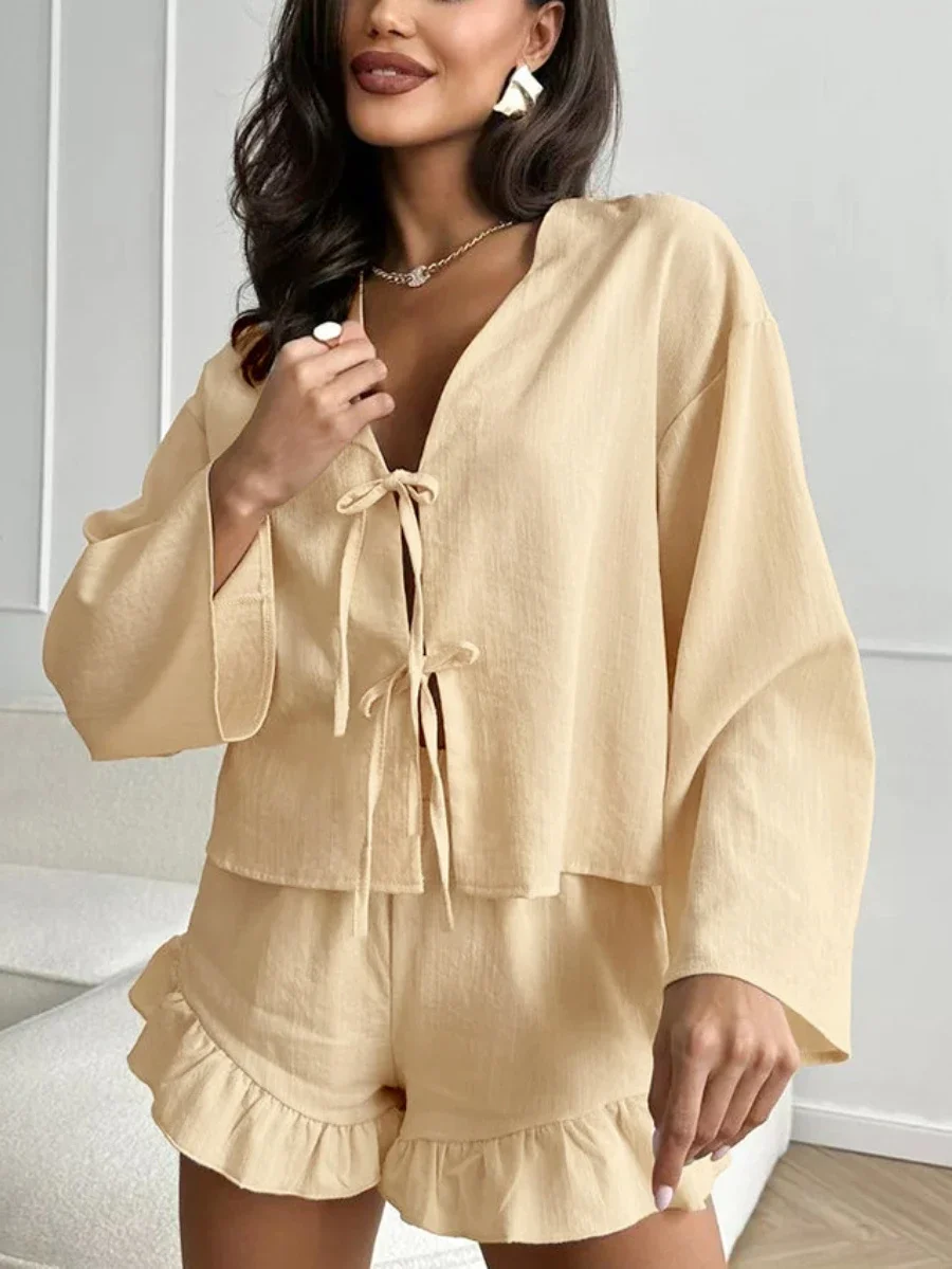 Mozuleva New 100% Cotton Long Sleeved Ruffled Shorts Pajama Set Women\'s Loose Lace Up Comfortable Casual Home Wear Nightwear