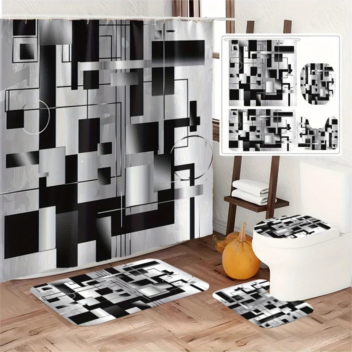 

4-piece bathroom set, "Black and White Geometric" bathroom decor, bath mat, U-shaped mat, toilet seat with hooks