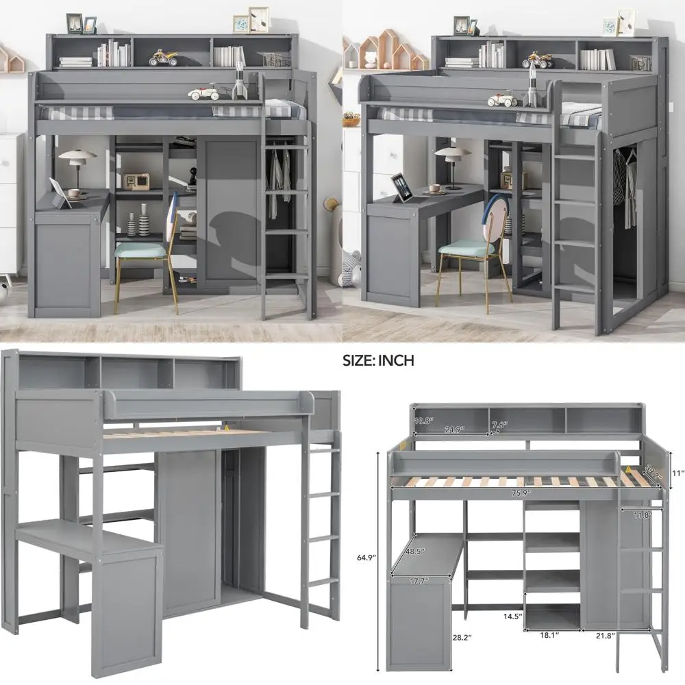 سرير علوي مزدوج الحجم من الخشب الصلب مع خزانة تخزين مكتبية وأرفف، إطار سرير علوي لخزانة الكتب الوظيفية لغرفة الأطفال #1