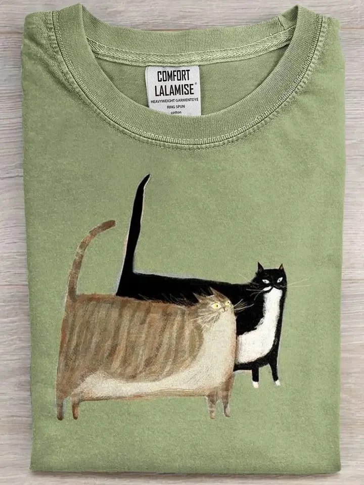 Cute Fat Cats Art Print Casual Short Sleeve T-shirt Summer T Shirt Casual Tops