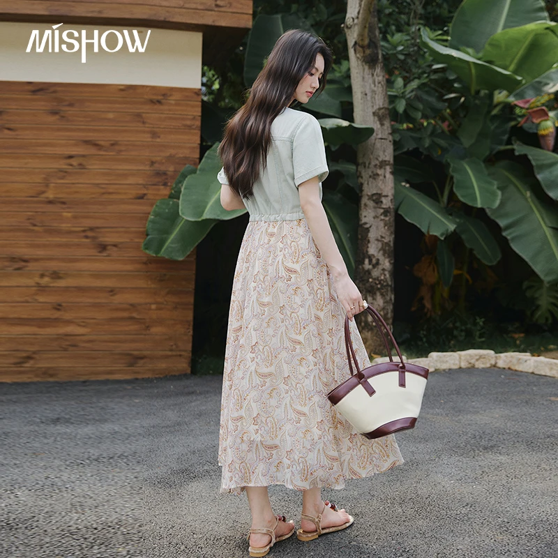 MISHOW Women's Denim Spliced Floral Print Midi Dress Summer Round Neck Drawstring Waist A Line Vacation Long Dress MXF29L2768