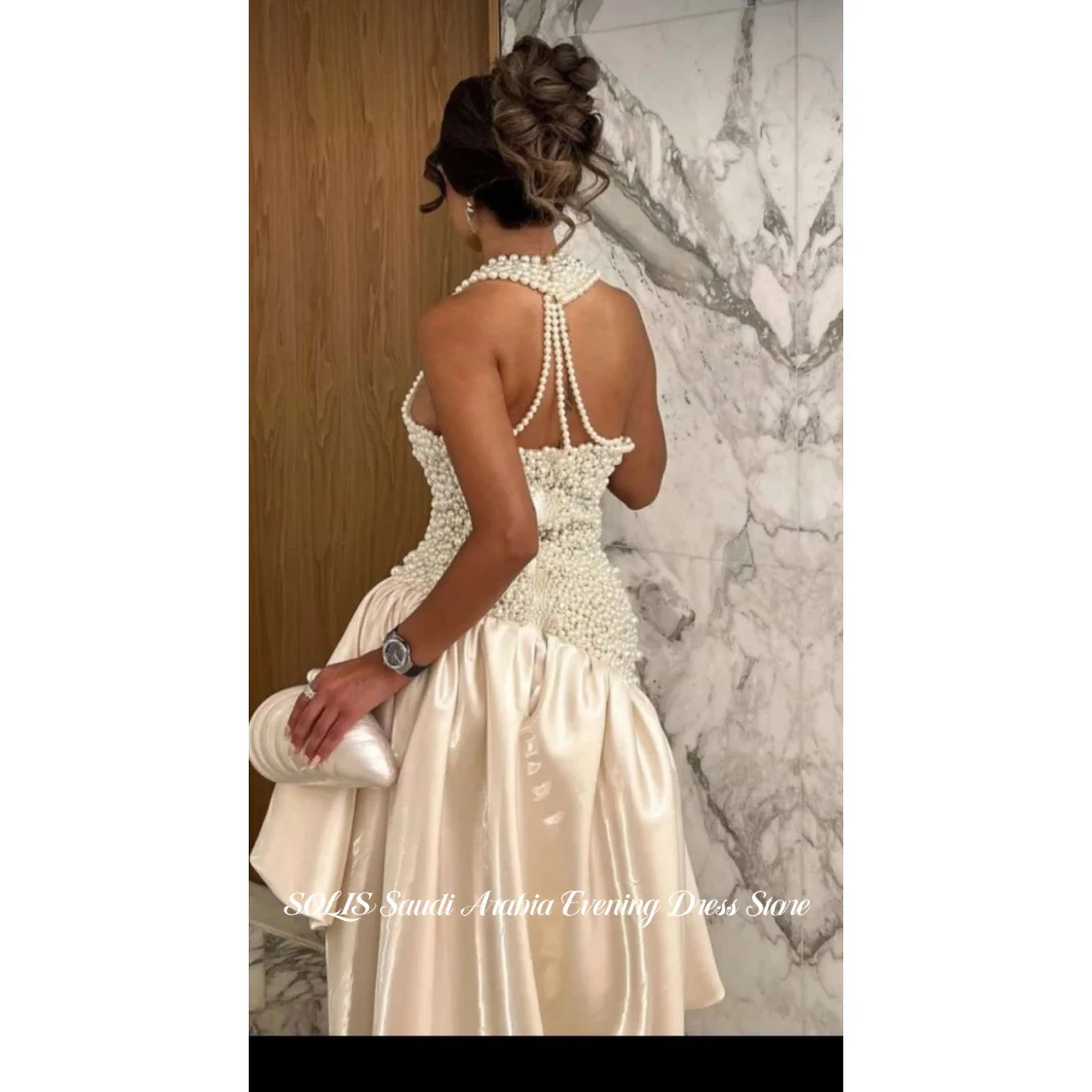 SOLIS Luxury Ivory Prom Dress Halter Neck Handmade Pearl Beaded Satin Evening Gown High Low Hem Formal Gown For Women Customized