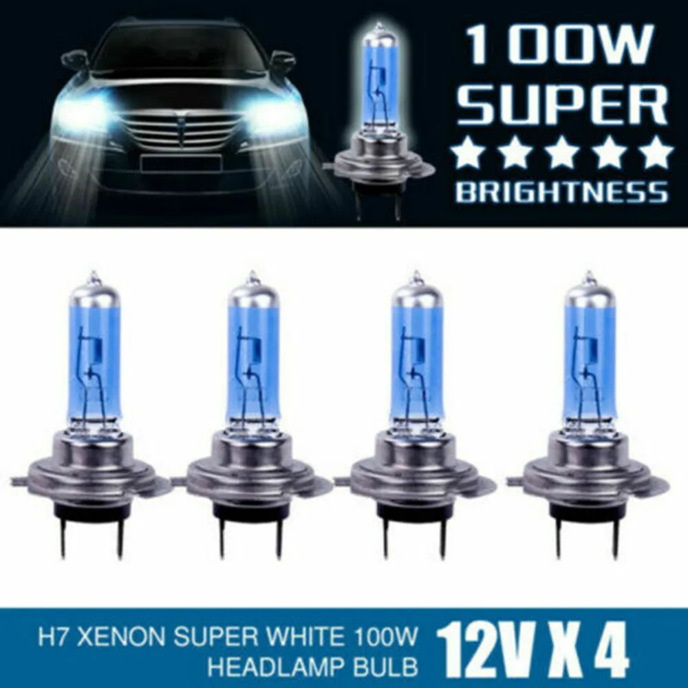 4pcs  White 12V H7 100W 6000K Halogen Lamp Super Bright Halogen Car Headlight Bulbs SUPERWHITE HALOGEN H7 Headlight Bulbs