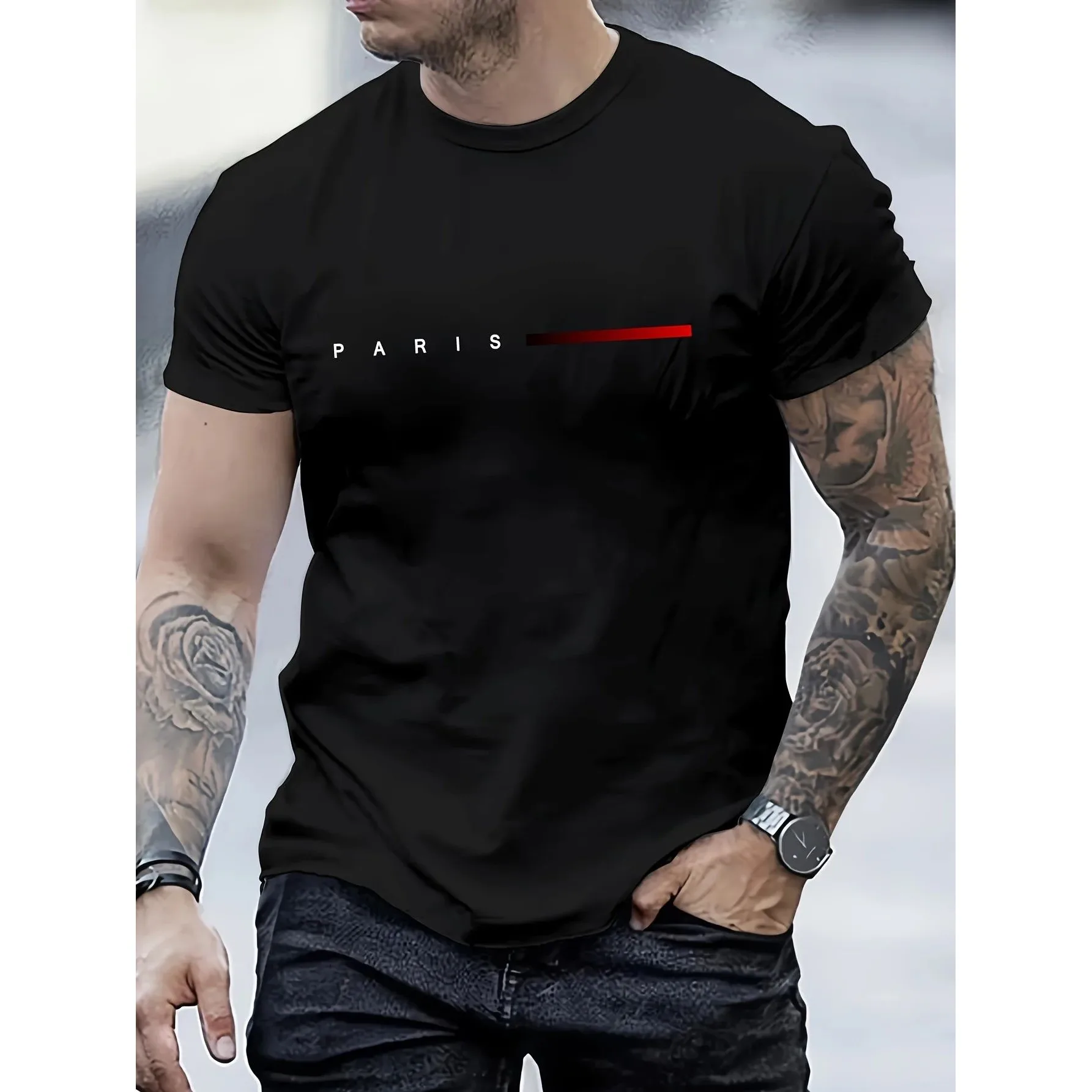 

Men's 00% Polyester Summer Loose Paris Creative Letter Print T-irt Ultra Tailored Sle Nine-Authored Sve Henry Neline