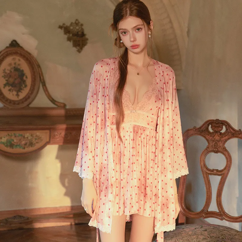 

Summer Women Polka Dot Nighty&Robe Set Night Dress Sexy Lace Sleepwear Spaghetti Strap Nightgown Ice Silk Homewear