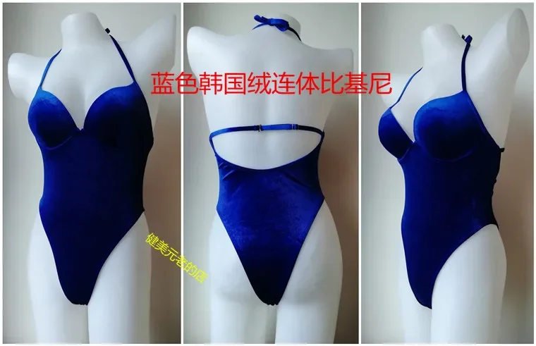 Bikini de terciopelo coreano negro Popular para mujer, modelo de Fitness, traje de competición de Bikini de una pieza NPC IFBB