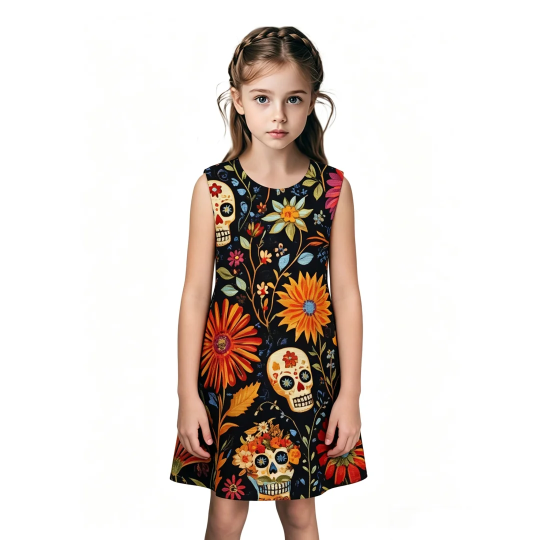 Stylish Young Girls Sleeveless Shift Dress Bow Skull Crossbone Graffiti Print Halloween Outfit for Party and Casual Wear
