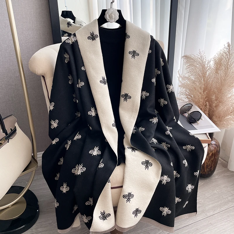 

2026 New Fashion Bee Pattern Ladies' Jacquard Pashmina Cashmere Scarf Winter Thick Warmth Two-Sided Color Contrast Shawl Blanket