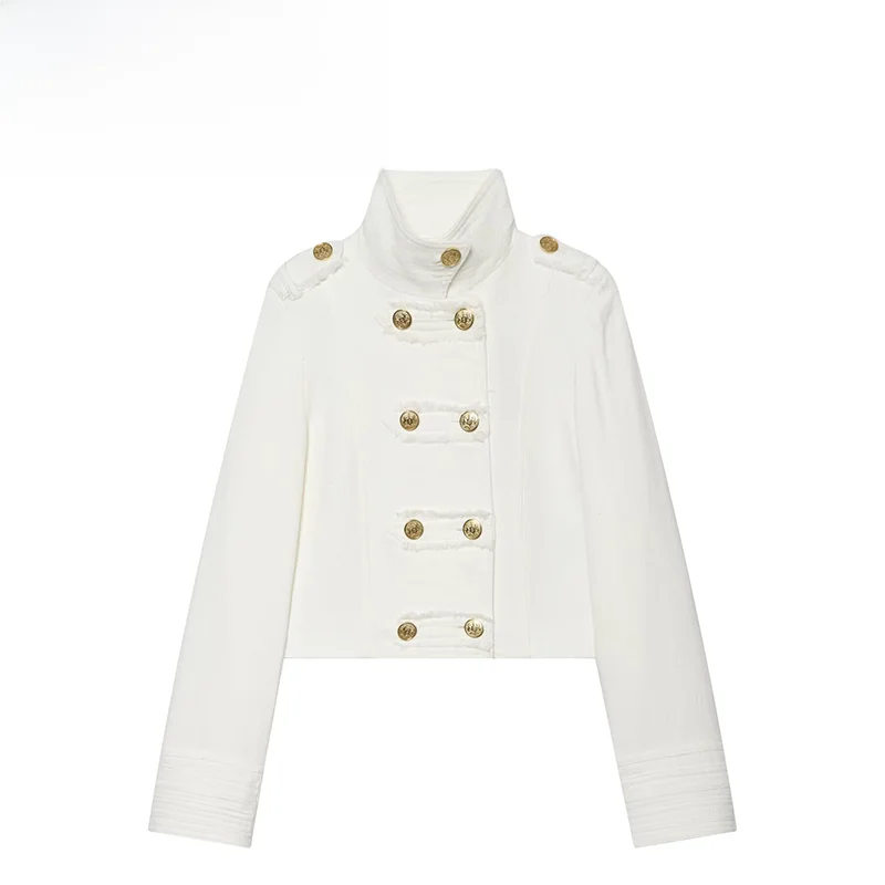

Spring New ZR Women's Fashionable Gold Plated Button Double Lapel Jacket Versatile Polyester Long Sleeve Standard Fit Outerwear