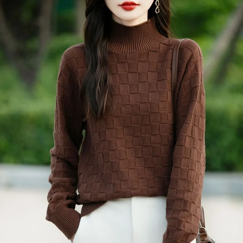 Half High Neck Knitted Sweater Women Diamond Shaped Sweater Loose Stylish Slimming Without Pillin Long Sleeved Base Shirt
