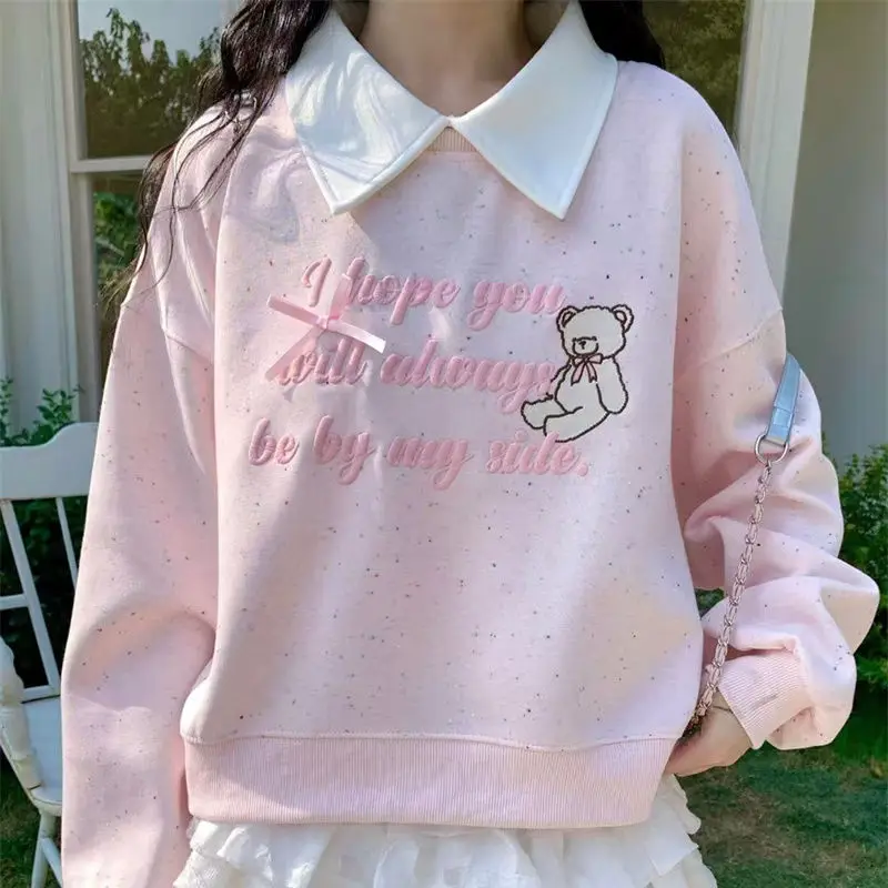 Felpe con colletto polo con orso carino stile preppy Lolita Girls Felpa con cappuccio Kawaii allentata Pullover Coreano Grunge Top Autunno Trendy Casual