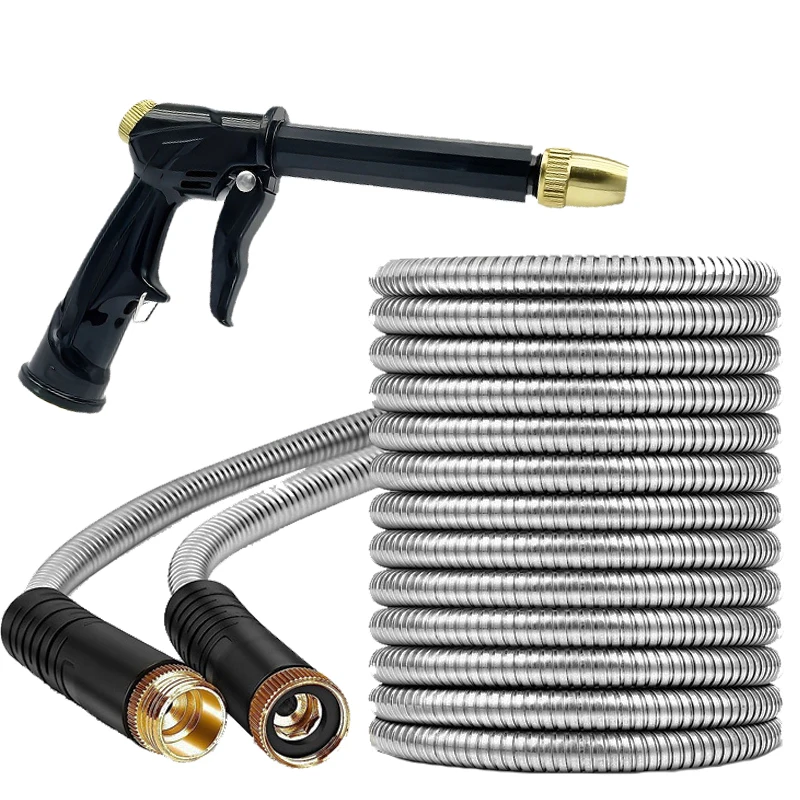 25 Foot Stainless Steel Garden Metal Hose, Outdoor RV Car Wash Hose, Sprinkler Gun, Water Pipe, Gardening Accessories