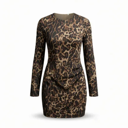 

Withered European And American Style Round Neck Pleated Leopard Print Dress At Waist Elegant Party Dresses Vestidos Women Dress