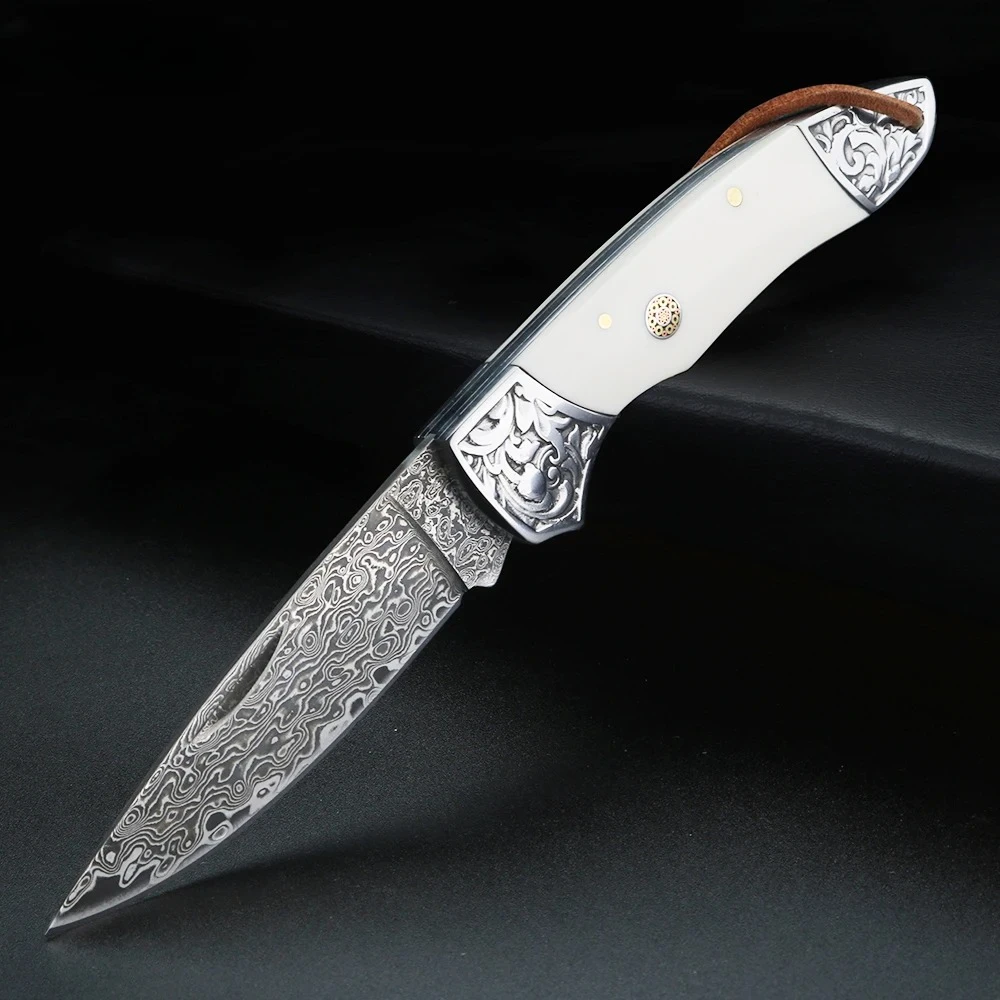 Damascus Beef Bone Handle Folding Knife Exquisite Embossed Steel Head Sharp Small Knife Outdoor Portable Small Knife