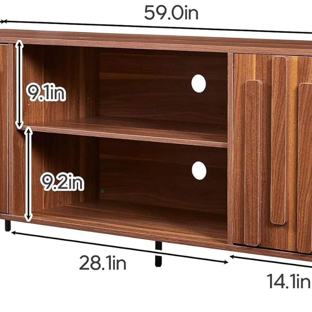 Meuble TV Mid-Century en noyer pour téléviseurs 65 à 55, centre de divertissement cannelé avec rangement et étagère ouverte