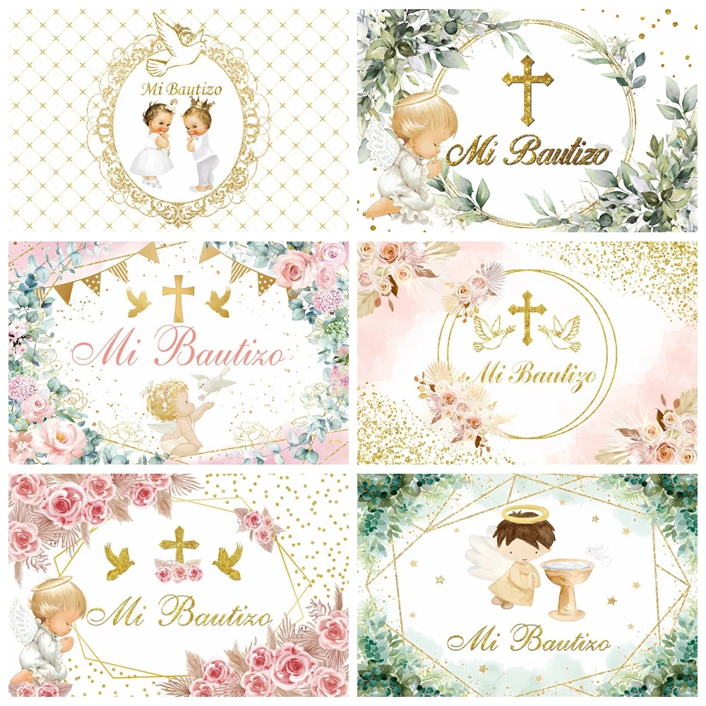 Fondo de bautismo para recién nacido, Fondo de fotografía de Cruz dorada, Mi Bautizo, niño, niña, Baby Shower, primera comunión