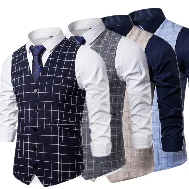 

Plaid Striped Men's Vest Busin Wedding Par Dr Faion Special Wide Fit Youth Trend Autumn Season Single Button Double...