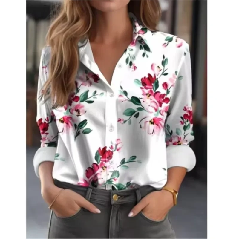 

Elegant Women's Shirt Casual Loose Long Sleeve Lapel Button Down Floral Shirt Women's Temperament Printed Blouse Autumn Spring