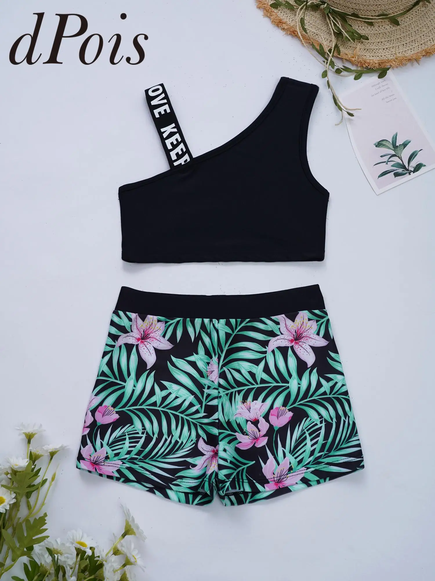 

3Pcs Kids Girls Bathing Swimsuit Set Asymmetric Crop Top with Printed Shorts And Briefs Swimming Suits for Beach Pool Swimwear