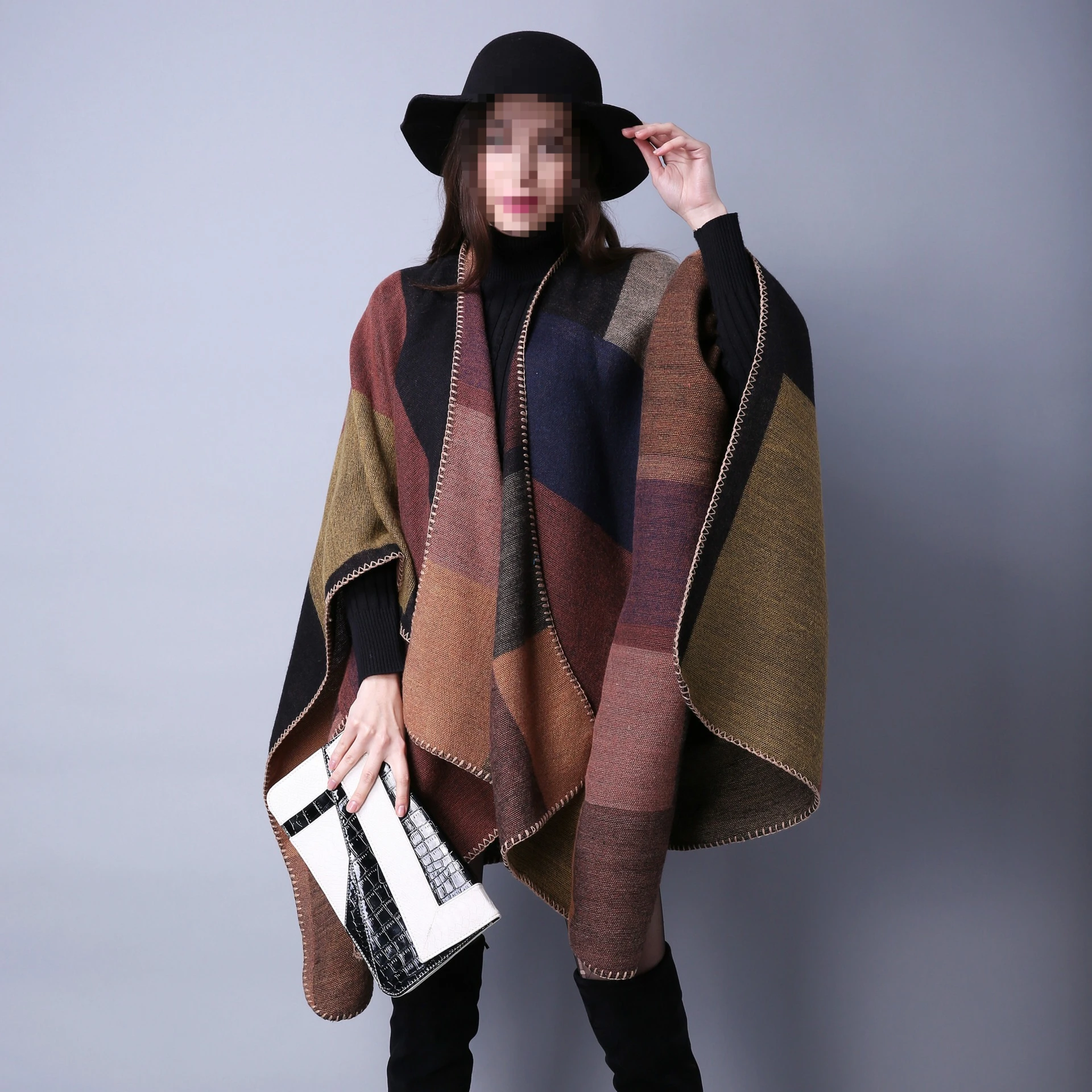 autumn-and-winter-scarf-versatile-plaid-women's-travel-shawl-imitation-cashmere-ethnic-style-split-fork-thickened-cape