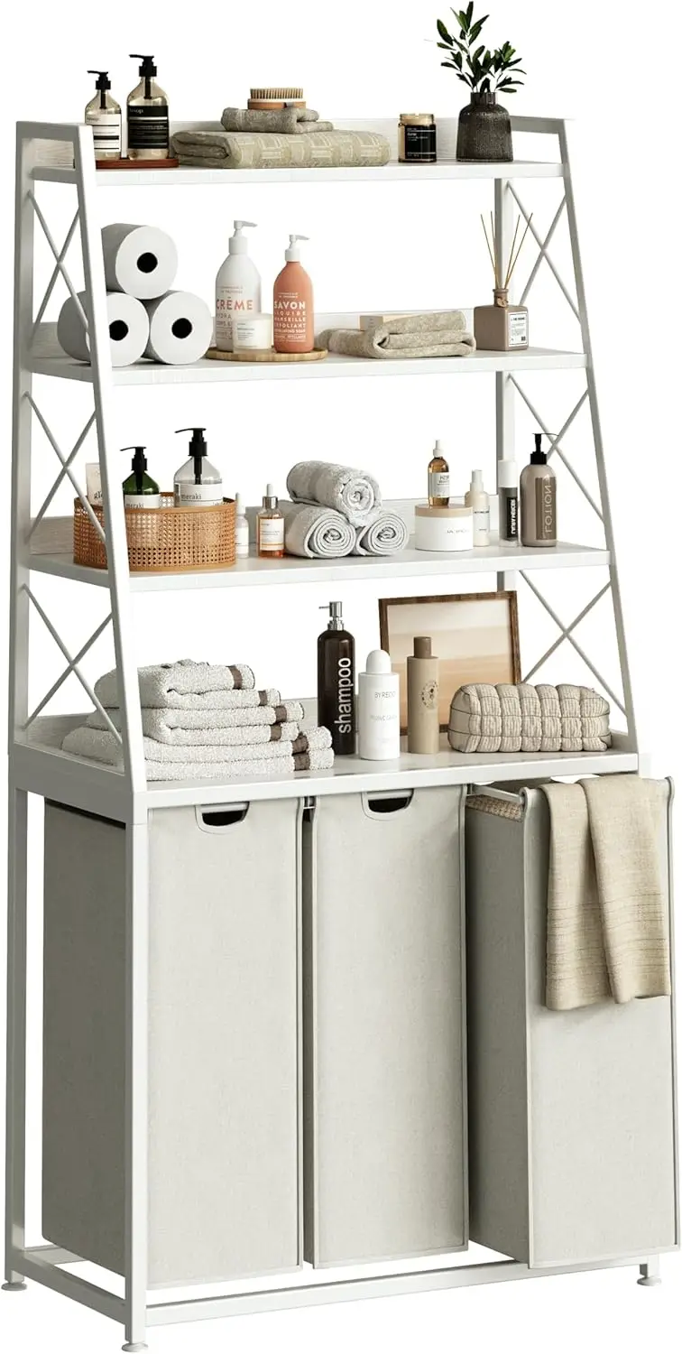 

Laundry Basket, 3 Section Laundry Hamper with 4 Tiers Shelf, Pull-Out and Removable Laundry Bags, Large 3 x 15.87 Gallons