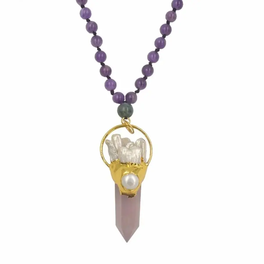 WT-N1243 Amazing women gorgeous spirit quartz point necklace 30 inch long 8mm round a-methyst beads pink stone pendant necklace