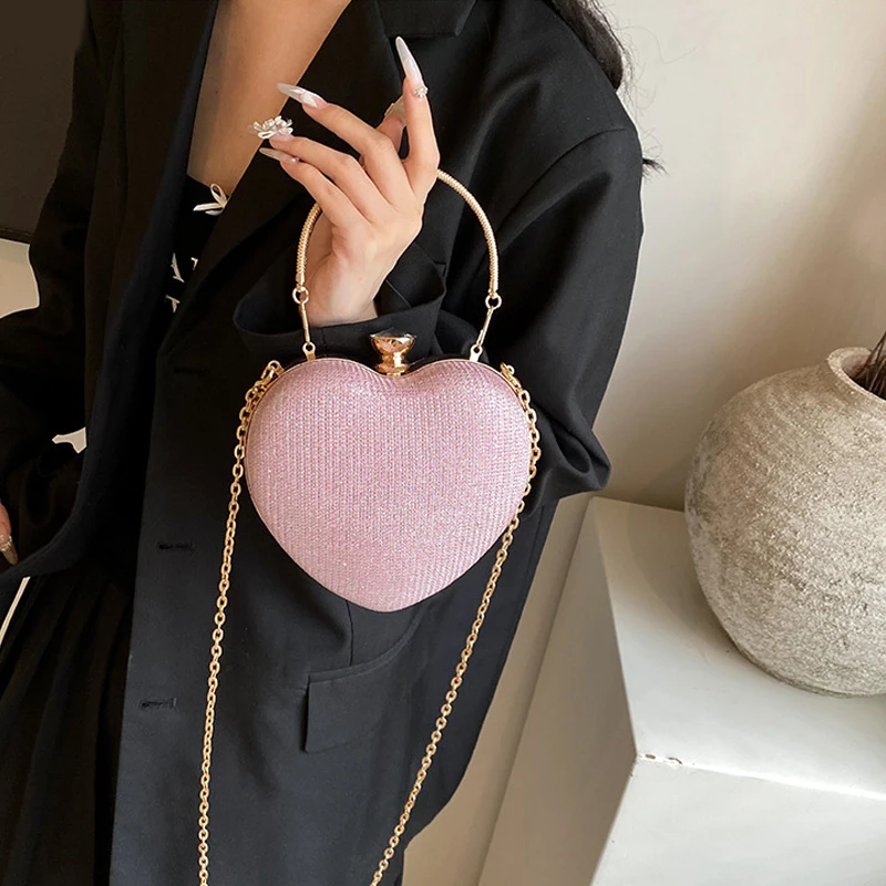 Niedliche Herz-Handtasche, Abendessen-Tasche, 2024, neue Kette, Feentasche, vielseitiger westlicher Stil, eine Schulter, diagonales Kreuz, Pfirsich-Herz-Tasche
