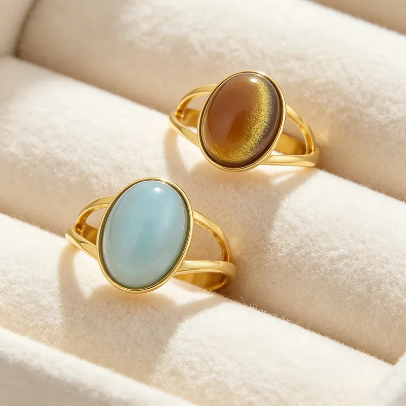 KALEN Stainless Steel Women Oval Stone Ring Elegant Gold Plated Split Shank Hollow Vintage Lady Fashion Open Ring Jewelry