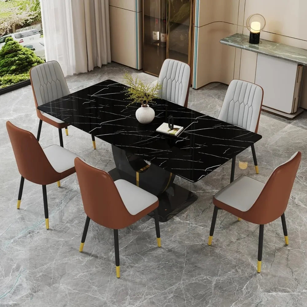 7-piece Dining Table Set, Table with 6 PU Leather Upholstered Chairs, 71