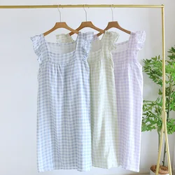 2024 Summer New Women's Sleeping Skirt Tank Top 100% Pure Cotton Large Size Loose Plaid with Chest Cushion Dress Home Fury