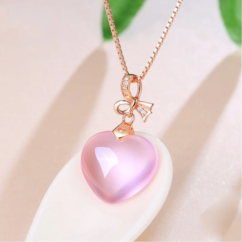2019 New Korean Version Sweet Pink -Shaped Crystal Hibiscus Stone Jelly Gemstone Heart Pendant Women's Collarbone Chain