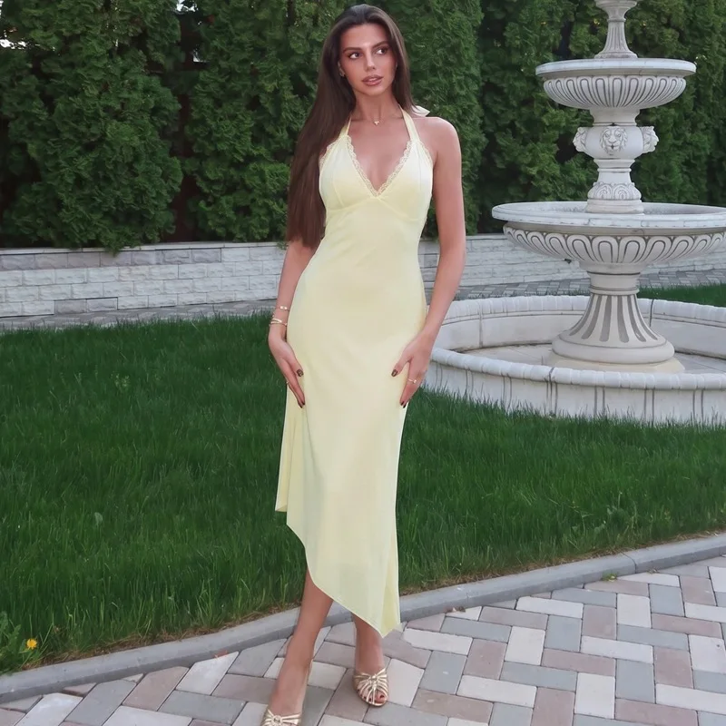 

Tsiisd Women's Halter Lace Midi Dress V Neck Backless Beach Holiday Vacation Elegant Romantic Summer Party Women's Vestidos New